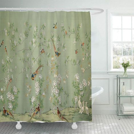 200 x 230 cm Duschvorhang mit Blumen- und Vogelmotiv, Aquarell-Blumenmuster in Pastellfarben, wasserdichtes Polyestergewebe für Badezimmer, inklusive 12 Haken
