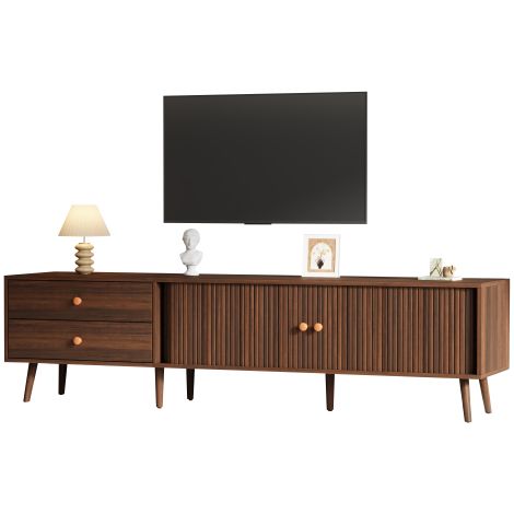 Meuble TV noyer 180cm, 2 tiroirs et 2 portes enroulables jusqu’à 80 pouces (1/5)