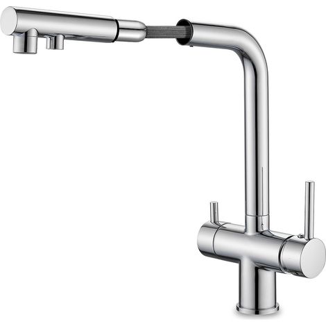 Robinet de cuisine 3 voies, robinet mélangeur rotatif à 360°, robinet amovible, mitigeur pour évier avec bec flexible, évier de cuisine pour eau froide et chaude et filtre (chrome) (1/5)