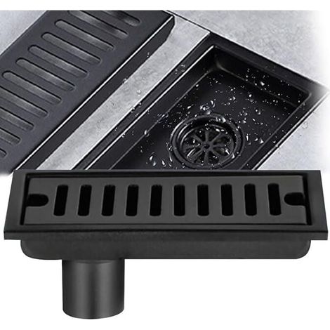 Piletta di scarico rettangolare, scarico a pavimento in acciaio inox nero 20x10 cm scarico a pavimento per doccia con doppio filtro per scarico WC bagno cucina balcone (1/4)
