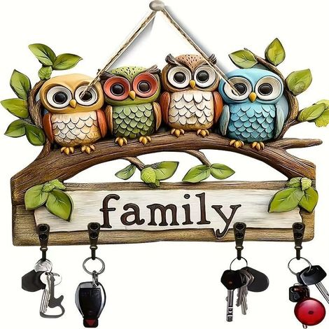 Porte-clés en matériau naturel hibou 30 × 23 cm Crochet mural décoratif Crochet à clés vintage avec 4 crochets muraux, aux portes d'entrée (1/5)