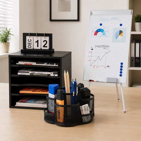 Ensemble de bureau avec tableau à feuilles mobiles magnétique (3 pièces) – Porte-stylos en métal, tableau blanc et bac de rangement à 5 compartiments (1/5)