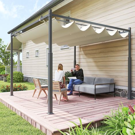 Pergola jardin 3x3m toit extensible plateau magnétique auvent extérieur kiosque UPF30+ métal, blanc crème