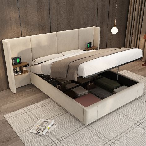 Polsterbett 160x200 cm mit Stauraum und 2 Nachttischen, Doppelbett mit hydraulischem Bettkasten, USB-C und Steckdose, Samt Beige (1/5)