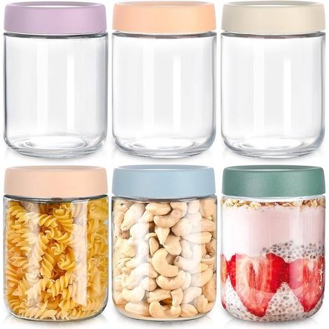 Set di 6 barattoli per fiocchi d'avena con coperchi, contenitori in vetro con coperchi ermetici, barattoli a bocca larga, 500 ml, contenitori in vetro per conservare gli avanzi, (1/5)