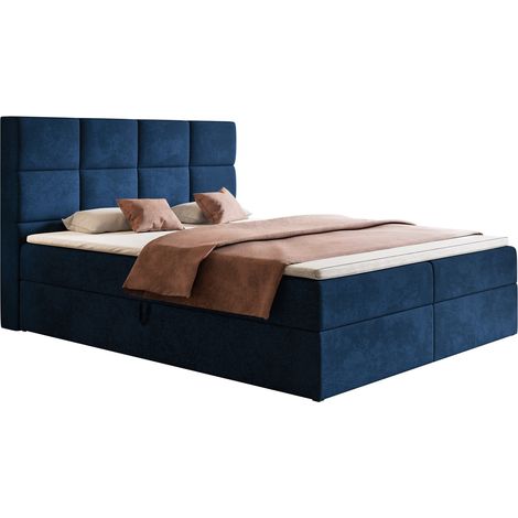 Solo Lit avec Matelas 180x200 - Lit avec rangement, Surmatelas, Tissu Velours - Lit double Bleu (Kronos 09)