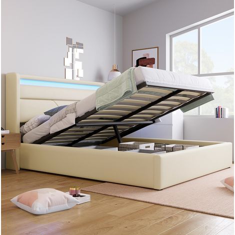 Cama canapé tapizada moderna PU blanco 140x200 cm con cabecero LED y somier de láminas elevable