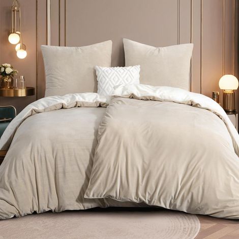 Bettwäsche-Set 135x200cm 4-teilig Flanell Beige-Weiß Warm Winter Kuschel-Bettwäsche