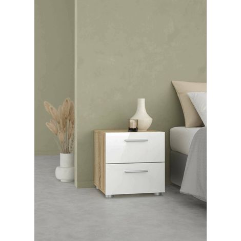 Dmora Table de chevet à deux tiroirs, coloris chêne et blanc brillant, 40 x 42,3 x 40,25 cm, avec emballage renforcé (1/5)