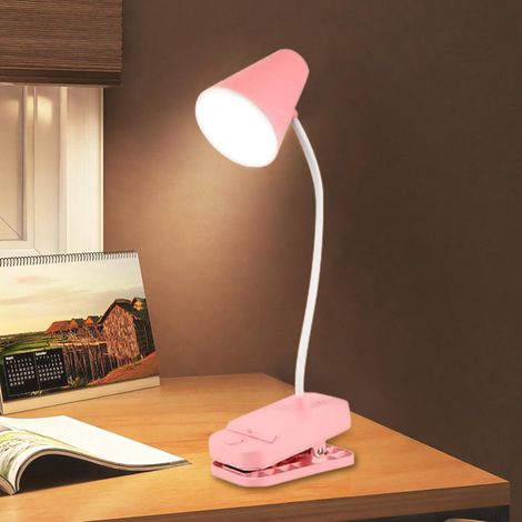 Lampe à pince rose, lampe de bureau pour chambre étudiante, sur pied, à pince, alimentation par piles et USB, flexible rotatif à 360°, lampe de bureau respectueuse des yeux, lampe LED, lampe de bureau (1/5)