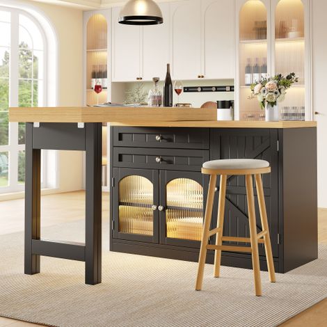 Îlot de cuisine extensible avec table (120–194 cm) doté d'un plateau rotatif à 360°, de placards à façade vitrée, de tiroirs et de rangements pour en-cas à l'intérieur des portes disponible en blanc (1/5)