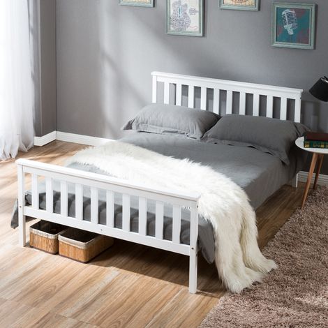 Double Bed Frame 4ft6 Wooden Bed White 135x190cm For Adults, Kids, Teenagers (1/5)