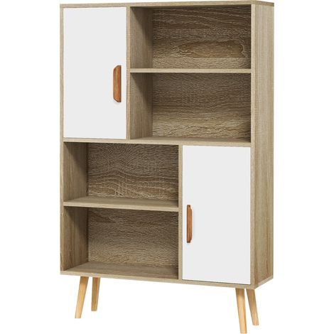 Skandinavisches Bücherregal mit 4 Fächern, 2 Schränken mit Einlegeboden, 80 x 24 x 123 cm, schräge Beine, massives Eichenholz
