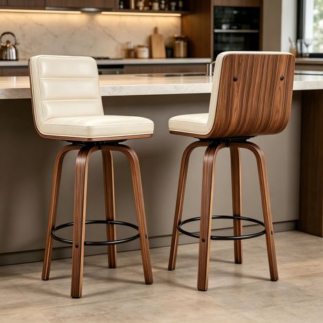Tabouret de bar pivotant 360°, cuir PU, pieds en bois courbés, crème (1/5)