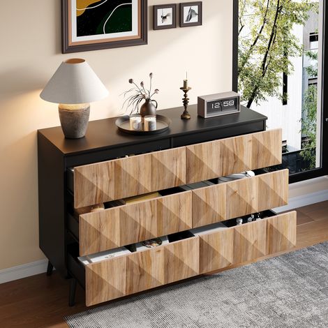 Buffet 6 tiroirs 120 cm noir et bois avec relief OKMYHOME (1/5)