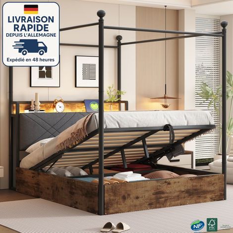 Letto contenitore 140x190 - Letto 140x190 - Sponde del letto rimovibili / LED integrato e porta di ricarica - Con meccanismo di sollevamento idraulico - Stile industriale - nero (1/5)