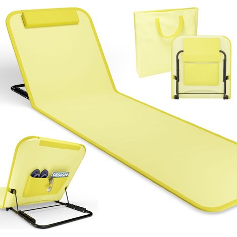 Transat de plage confortable Jaune 165cm avec dossier réglable et coussin pour la tête sac inclus (1/5)