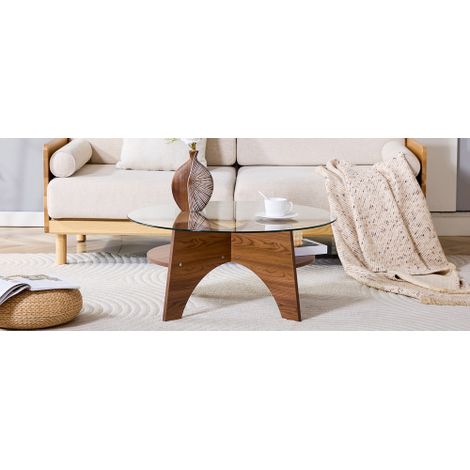 Table d'appoint ronde moderne (verre trempé) — Design multifonctionnel  Pieds en MDF finition noyer et piètement en éventail  Convient aux salles à manger, salons, bureaux et autres espaces