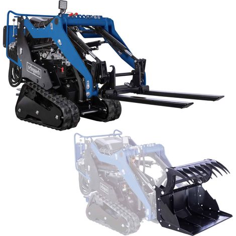 Scheppach Chargeur compact thermique MKL730 + Fourche à palettes + Grappin agricole multifonction - 8,5CV - 306 cm³ - charge max. 200 kg - largeur 740 mm - pelle de chargement 80L