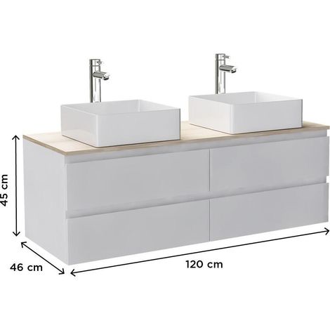 Mob-In – Meuble sous vasque double suspendu 120 cm – Plan effet bois résistant à l'eau – 4 tiroirs de rangement – Charnières à fermeture progressive — vue 3