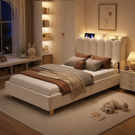 Lit simple enfant 90x200 cm en velours beige, avec rangement, pour chambre, sans matelas FloraGrace (1/5)