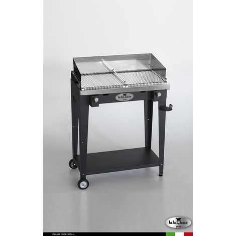 Grill 8.6 Inox Piastra ondulata - Grigio antracite - Senza portapiatti - Con paraschizzi - Con kit mensola e ruote - barbecue, griglia, giardino, carne, a gas, acciaio made in Italy