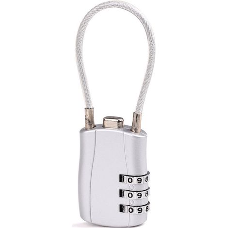 F8103 Cadenas de sécurité argenté 17 cm, en liquidation, cadenas de voyage à combinaison, cadenas à bagages à trois chiffres avec câble en acier, convient aux valises, sacs à dos et aquariums.