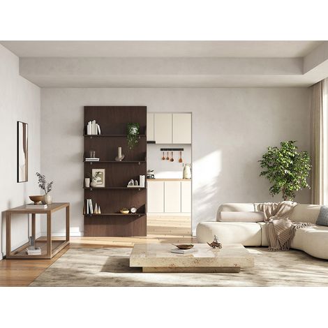 Porte coulissante en bois et MDF avec étagères et rail invisible - naturel foncé - 93 x 210 cm - KAZORI