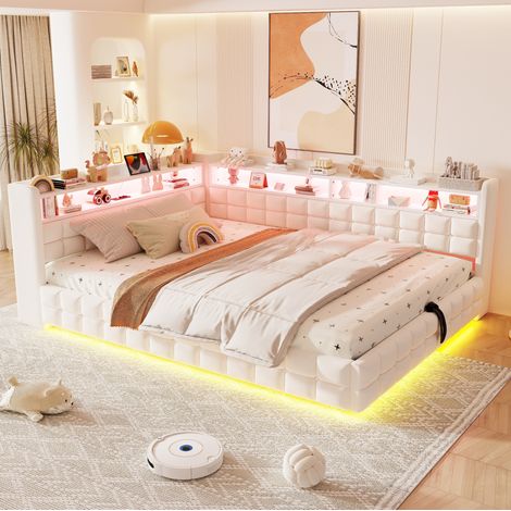 Lit coffre 140x200 cm en velours beige, avec rangement LED pour chambre FloraGrace (1/5)