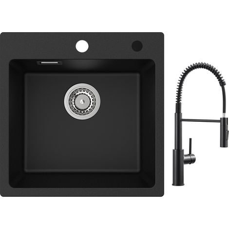 Cecipa Evier 1 Bac en Quartz et Résine 45x45cm Evier de Cuisine Evier à Encastrer 1 cuve + Mitigeur de Cuisine à Ressort avec Douchette Extractible, Robinet Evier 2 Modes de Sortie D'eau, Noir (1/5)