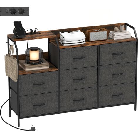 Commode rustique marron-noir cadre acier avec 8 tiroirs tissu, station de charge intégrée pour votre chambre (1/5)