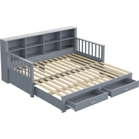 Canapé-lit extensible multifonction en bois massif 90/180x190 cm avec rangement, prises intégrées et 2 tiroirs, couleur grise (1/5)