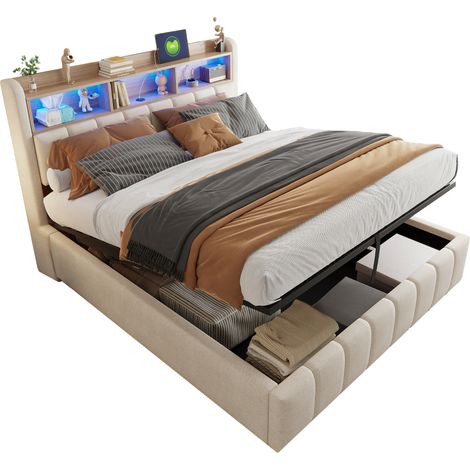 Doppelbett mit Stauraum, Verstellbarer LED, USB und Type-C, Liegefläche 180 x 200 cm, Ohne Matratze, Beige (1/5)