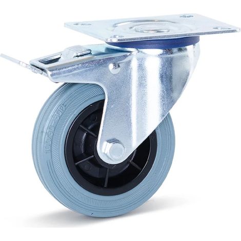 Roulette pivotante freinée - MESO - Caoutchouc gris - 100mm - Platine - Sans trace - 75kg