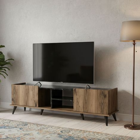 Dmora - Mueble de televisión Circini, Aparador de salón, Mueble bajo para TV, Base de pared equipada, 180x34 h52 cm, Nogal y Negro (1/5)