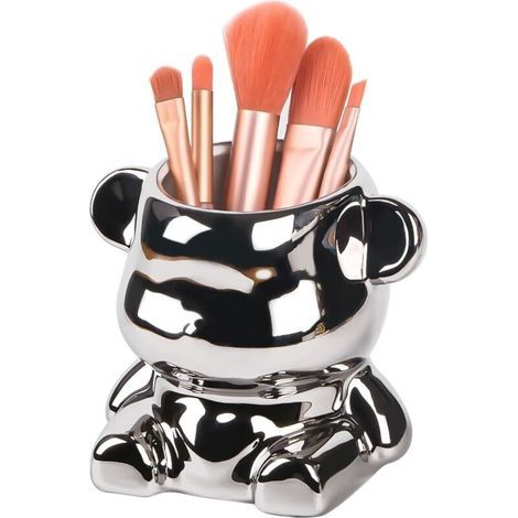 Bear-shaped pencil holder, decorative porcelain makeup brush organizer cup, white succulent flower pots, cute ceramic animal pen holder (silver) (1/5)