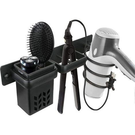 Sèche-Cheveux Salle De Bain Rangement Porte Accessoires Support Organisateur Ensemble Et Lisseur Accessoire Mural Professionnel En Aluminium Pour,D'étagère Avec Trous Pour Argenté Noir (1/4)