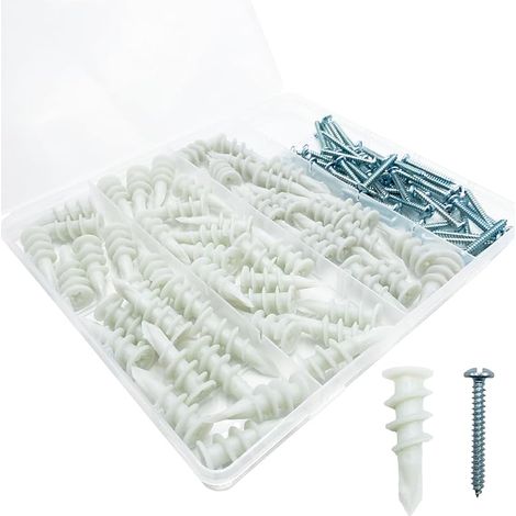 Lot de 100 chevilles autoperceuses pour cloison sèche avec kit de vis, y compris 50 chevilles et 50 vis 8 x 3,8 cm – Peut supporter jusqu'à 34 kg