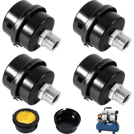 Lot de 4 filtres à air compresseurs, filetage 3/8" 16 mm, silencieux pour compresseur d'air sans huile de rechange (1/4)