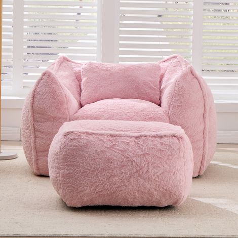Pouf géant pour adultes et enfants, en fausse fourrure, avec coussin et repose-pieds, idéal pour lire et jouer dans une chambre ou un salon. Couleur : rose. (1/5)