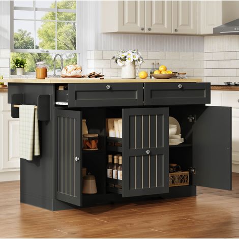 Îlot de cuisine 120/70/92 cm noir avec plateau rabattable, tiroirs et roulettes freinées (1/5)