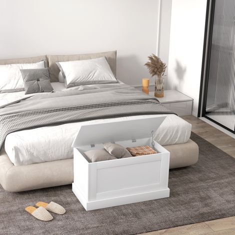 Cassapanca contenitore, cassapanca portagiochi, con cerniera di sicurezza, per soggiorno, realizzata in legno, 80 x 40 x 45 cm, bianca