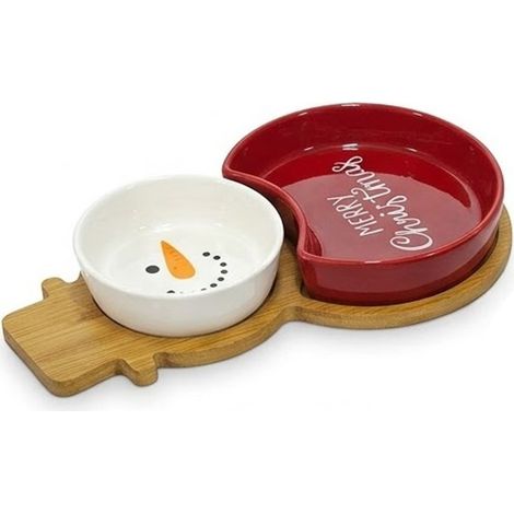 Antipastiera Natalizia 2 scomparti in Ceramica base in legno PUPAZZO DI NEVE Rosso Bianco Set 3 pezzi vassoio e 2 ciotole aperitivo design festivo idea regalo perfetta per tavola e feste (1/5)
