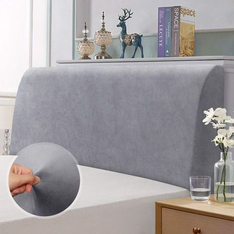 Kopfteilbezug, elastisches Doppelkopfteil, staubdichter Schutzbezug, weicher Stretch-Samtstoff, waschbar, All-in-One-Design (150-170 cm, Hellgrau) (1/5)