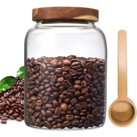Bocal de rangement en verre avec couvercles en bois, cuillère épaisse, conteneurs borosilicatés, pour café au sol, haricots de nuit, thé à l'oatmeal (2000 ml) (1/5)
