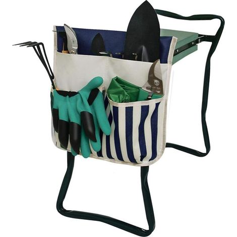 Sac de rangement pliable bleu et blanc pour siège de jardin - Sac de rangement pour outils de jardinage (1/5)