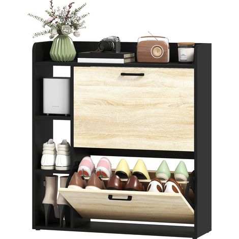 Meuble à chaussures étroit 2 portes, 3 étagères latérales, rangement réglable pour 15 paires, naturel et noir (1/5)