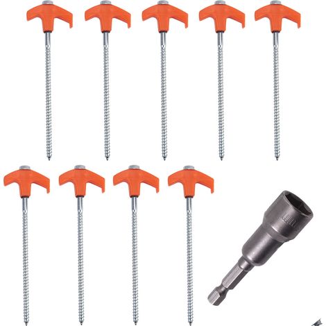 Lot de 10 piquets de tente en acier à visser pour tentes de camping - robustes et durables. (1/5)