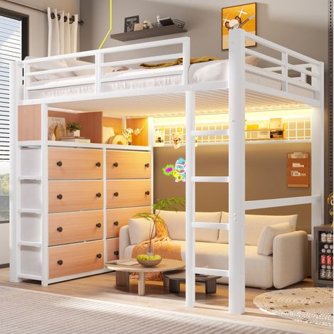 Cama alta 140x200 cm con 8 cajones, estanterías, panel perforado y luz LED, metal y MDF blanco (1/5)
