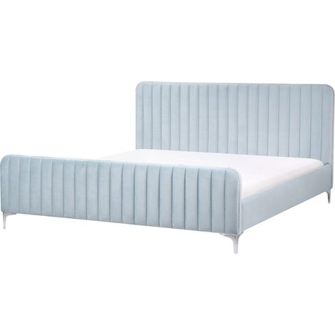 Lit Moderne en Velours 180 x 200 cm Pieds en Métal Sommier à Lattes Cadre de Lit Bleu Ciel Lunan